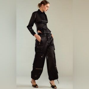 Cynthia Rowley Kim Satin Black Wide Leg Cargo Pants